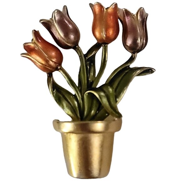 Gold Tone Purple Pink Potted Tulip Brooch Pin K551